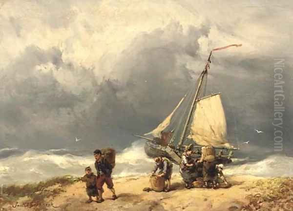 Fisherfolk on a windswept beach Oil Painting by Johannes Hermanus Koekkoek