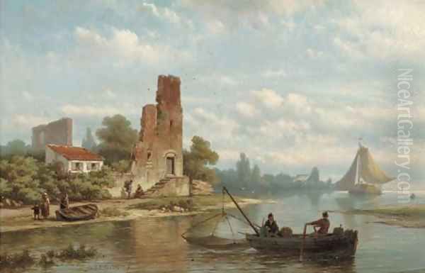 Fishermen near a ruin on a riverbank Oil Painting by Johannes Hermanus Koekkoek