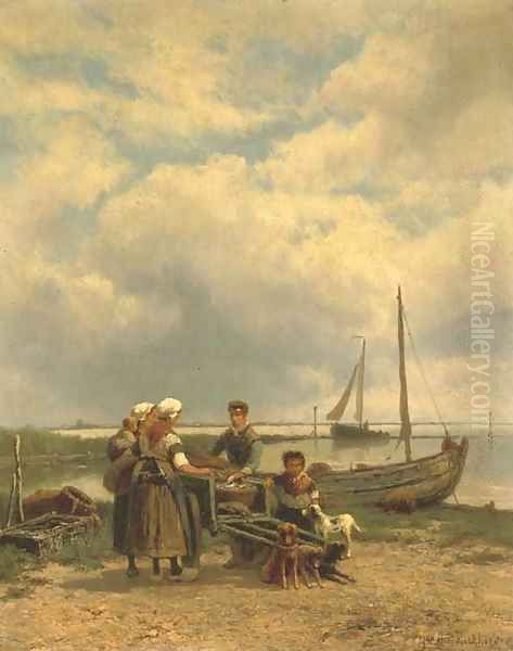 Loading the catch onto a dog-cart Oil Painting by Johannes Hermanus Koekkoek