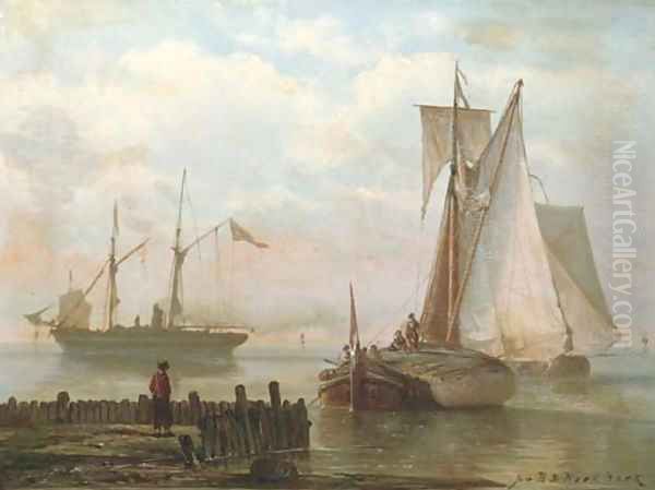 Sailing vessels and a steamship on a calm Oil Painting by Johannes Hermanus Koekkoek