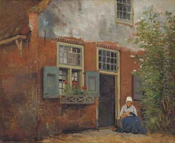 Sewing on the doorstep Oil Painting by Johannes Hermanus Koekkoek