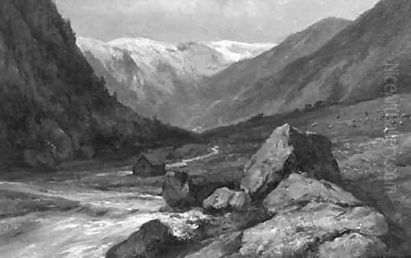 Summer a torrent in an Alpine valley Oil Painting by Johannes Hermanus Koekkoek