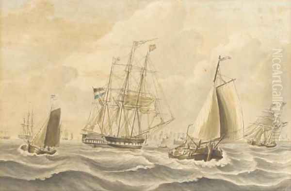 The Dutch barque Cornelia off a fleet anchorage Oil Painting by Johannes Hermanus Koekkoek