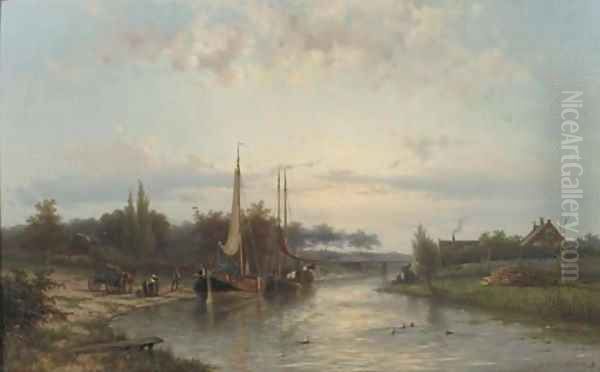 Unloading the riverbarges in summer Oil Painting by Johannes Hermanus Koekkoek