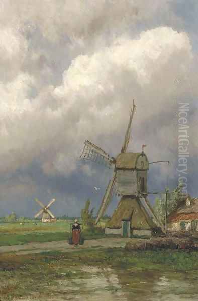 Windmills in a Dutch polder landscape Oil Painting by Johannes Hermanus Koekkoek