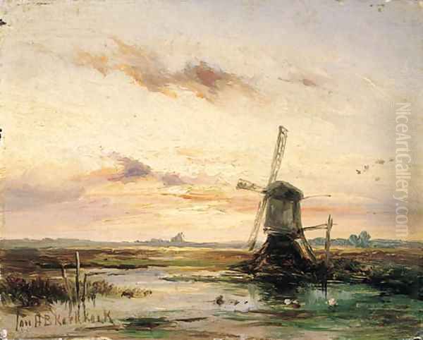 A windmill in a polder landscape at sunset Oil Painting by Johannes Hermanus Koekkoek