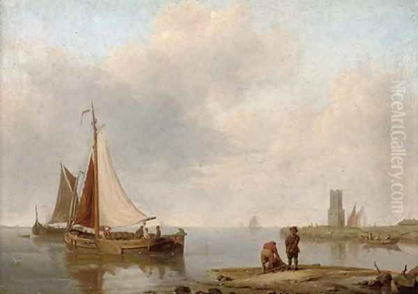 Barges in a calm off the Dutch coast Oil Painting by Johannes Hermanus Koekkoek