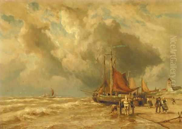 Beached bomschuiten on the coast of Katwijk aan Zee Oil Painting by Johannes Hermanus Koekkoek