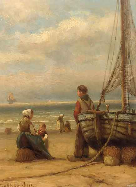 Fisherfolk on the beach by Johannes Hermanus Koekkoek