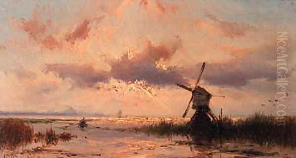 Lakeside with setting sun Oil Painting by Johannes Hermanus Koekkoek