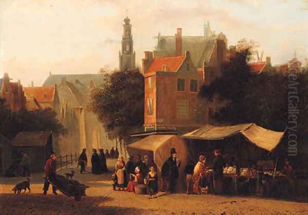 Market Day in a Dutch Town Oil Painting by Johannes Hermanus Koekkoek