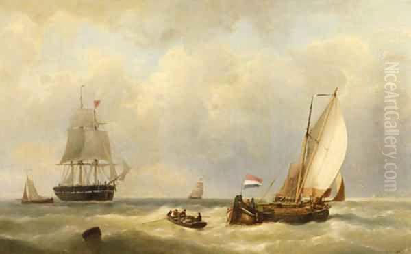 Sailors in a rowingboat approaching a three-master at sea Oil Painting by Johannes Hermanus Koekkoek