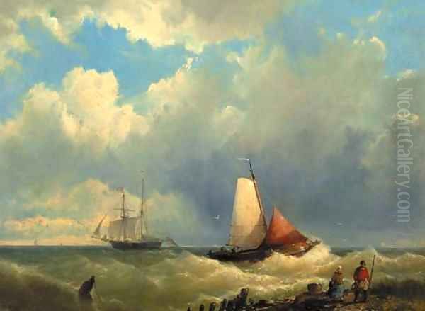 Shipping off the coast Oil Painting by Johannes Hermanus Koekkoek