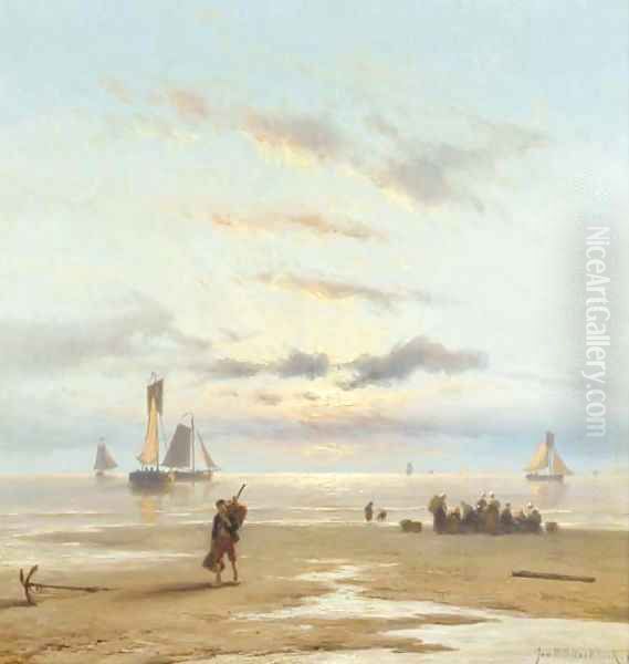 Sunset at Scheveningen beach Oil Painting by Johannes Hermanus Koekkoek