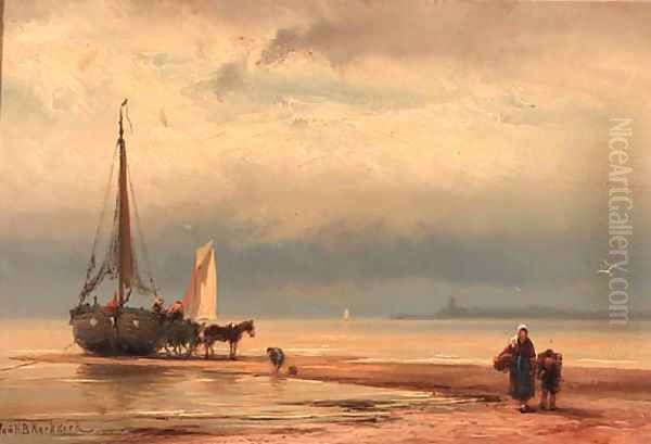 A beached bomschuit Oil Painting by Johannes Hermanus Koekkoek