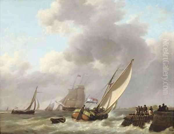 A busy day on the water near a jetty Oil Painting by Johannes Hermanus Koekkoek