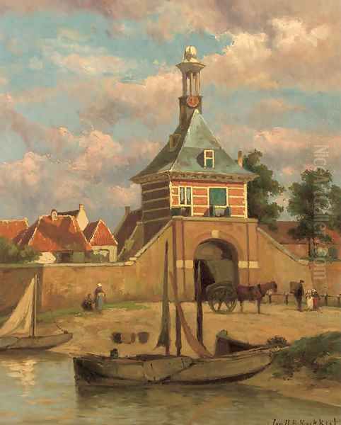 A city gate in Gorinchem Oil Painting by Johannes Hermanus Koekkoek