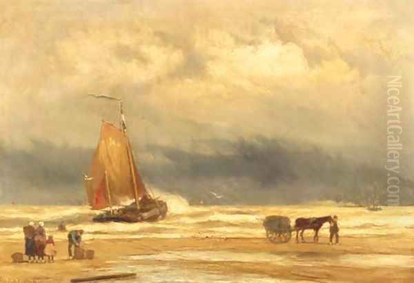 A coastal scene with a shell fisher, fishmongers and a bomschuit in the surf Oil Painting by Johannes Hermanus Koekkoek