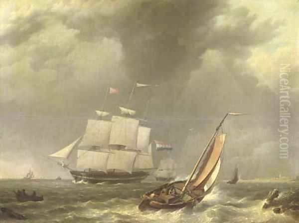 A frigat under sail by a coast Oil Painting by Johannes Hermanus Koekkoek