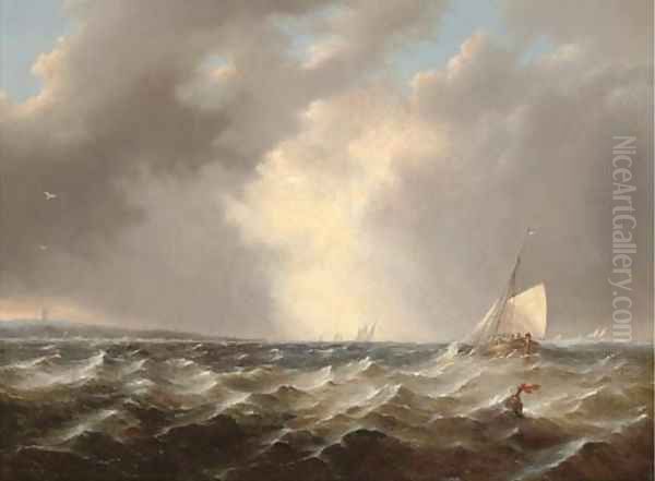 A stiff breeze offshore Oil Painting by Johannes Hermanus Koekkoek