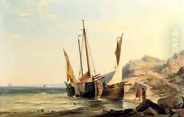 Boats moored by a rocky beach Oil Painting by Johannes Hermanus Koekkoek