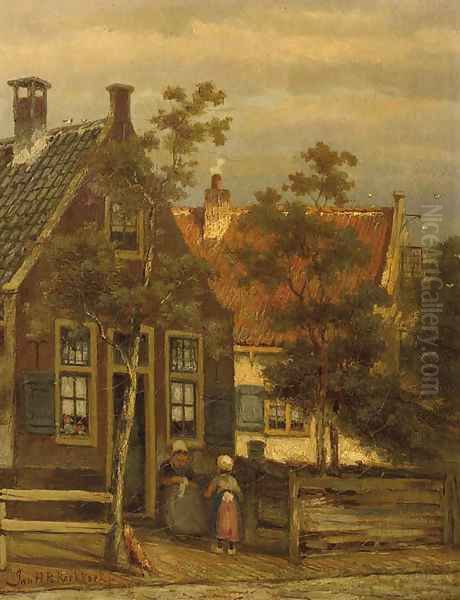 Dutch street scene with mother and child Oil Painting by Johannes Hermanus Koekkoek