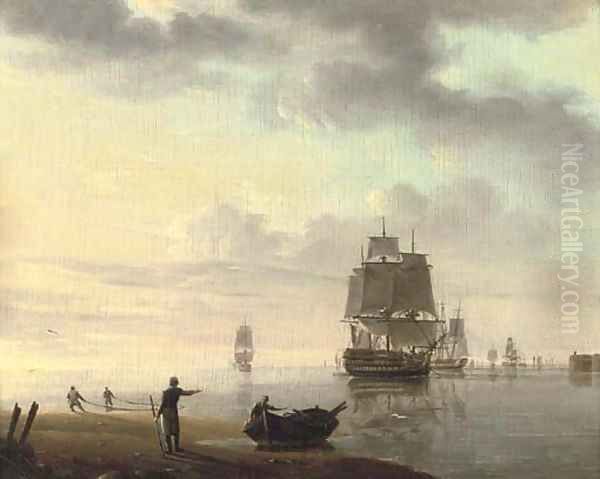 Men-o'war and other shipping in an offshore anchorage Oil Painting by Johannes Hermanus Koekkoek