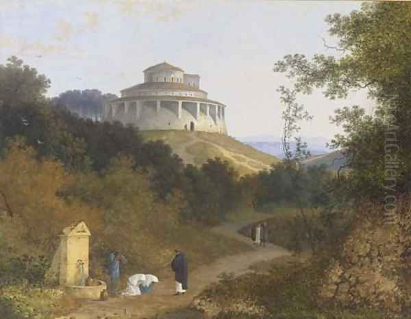 An extensive landscape with peasants and a priest by a fountain, a circular basilica on a hill beyond Oil Painting by Joseph Augustus Knip