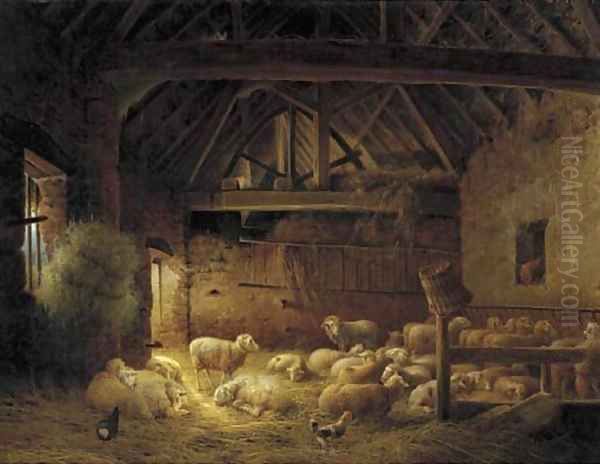 A flock of sheep in a stable Oil Painting by Joseph Augustus Knip