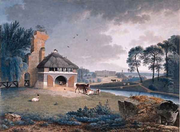 A Landscape with Cattle by a Barn on a Rise, a palace beyond Oil Painting by Joseph Augustus Knip