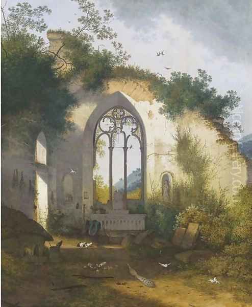 A ruined chapel with a pig sty, poultry and a peacock sheltering in the apse Oil Painting by Joseph Augustus Knip