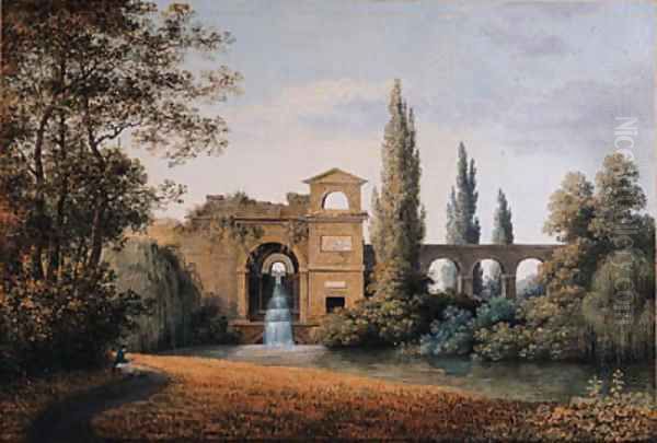 A View of an Aqueduct with an artificial Waterfall, a seated draughtsman in the foreground Oil Painting by Joseph Augustus Knip