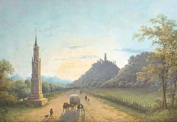 A view of the road from Bonn to Bad Godesberg in Germany at sunset, with a gothic monument on the left and the ruins of Godesberg castle Oil Painting by Joseph Augustus Knip