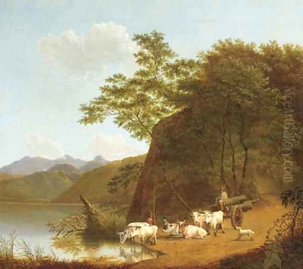 Oxen resting by the lakeside, Italy Oil Painting by Joseph Augustus Knip