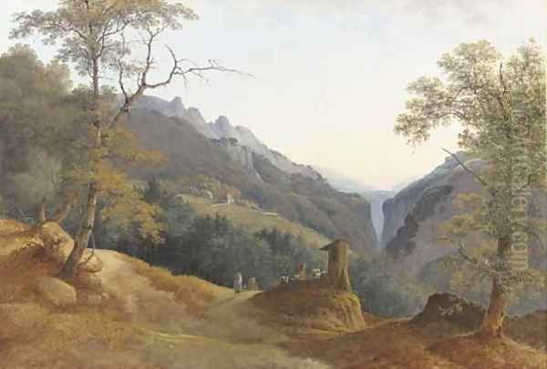 An extensive landscape with travellers at a roadside shrine, a steep gorge beyond Oil Painting by Joseph Augustus Knip