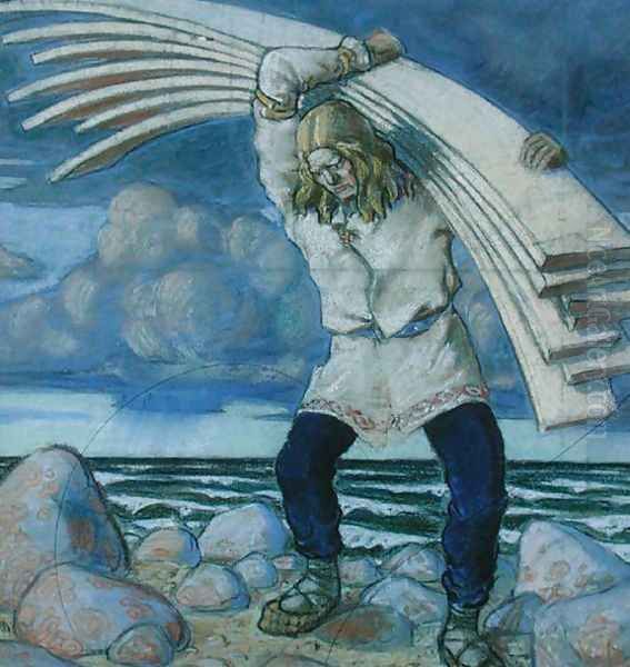 Kalevipoeg Carrying the Boards Oil Painting by Oskar Kallis