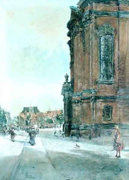 Street Scene near St Michaels Church in Hamburg Oil Painting by Gotthardt Kuehl