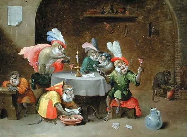 A Tavern Interior with Monkeys drinking and smoking Oil Painting by Ferdinand van Kessel