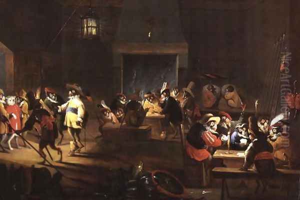 Monkeys in a Tavern Interior Oil Painting by Ferdinand van Kessel