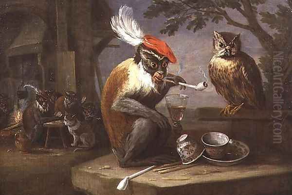 A monkey smoking and drinking with an owl Oil Painting by Ferdinand van Kessel