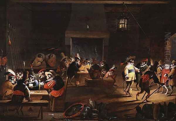 Monkeys in a Tavern Oil Painting by Ferdinand van Kessel