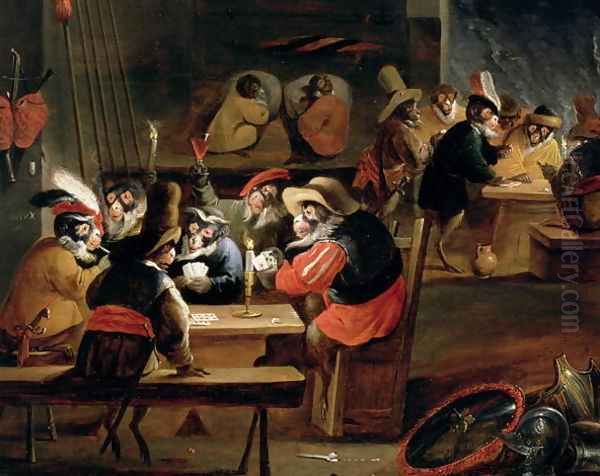 Monkeys in a Tavern detail of the card game Oil Painting by Ferdinand van Kessel