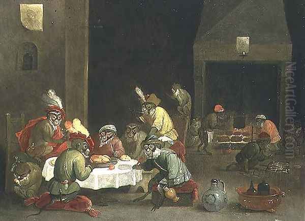 Monkeys in a Guard Room Interior Oil Painting by Ferdinand van Kessel