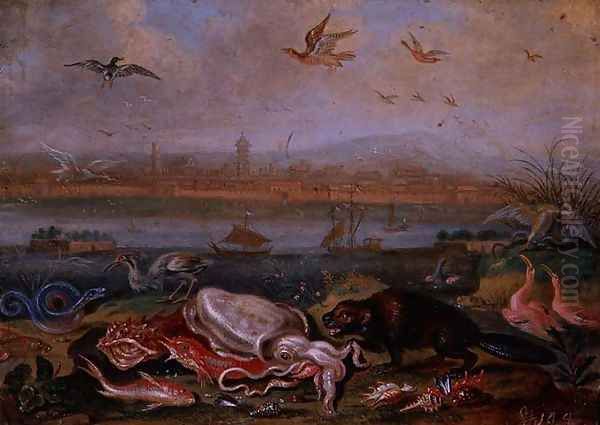 Creatures from the four continents in a landscape with a view of Canton in the background Oil Painting by Ferdinand van Kessel