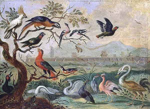 Birds from the Four continents in a landscape with a view of Peking in the background Oil Painting by Ferdinand van Kessel