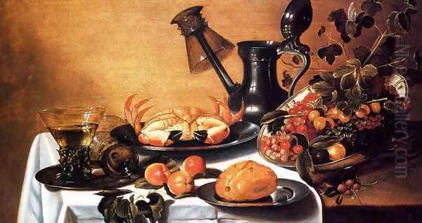 Still Life Of Fruit With Crab, Overturned Roehmer On Spout Of Jug Oil Painting by Cornelius Kruys