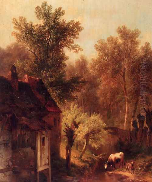 A Wooded Landscape With Cattle And A Cottage Along A Brook Oil Painting by Pieter Lodewijk Kuhnen