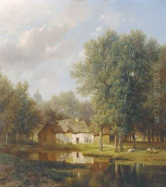 Sheep before a farmhouse in a wooded river landscape Oil Painting by Pieter Lodewijk Kuhnen