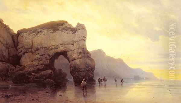 Fisherfolk on a Shore at Sunrise Oil Painting by Carl Joseph Kuwasseg