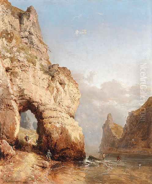 Fisherman on a rocky coast Oil Painting by Carl Joseph Kuwasseg